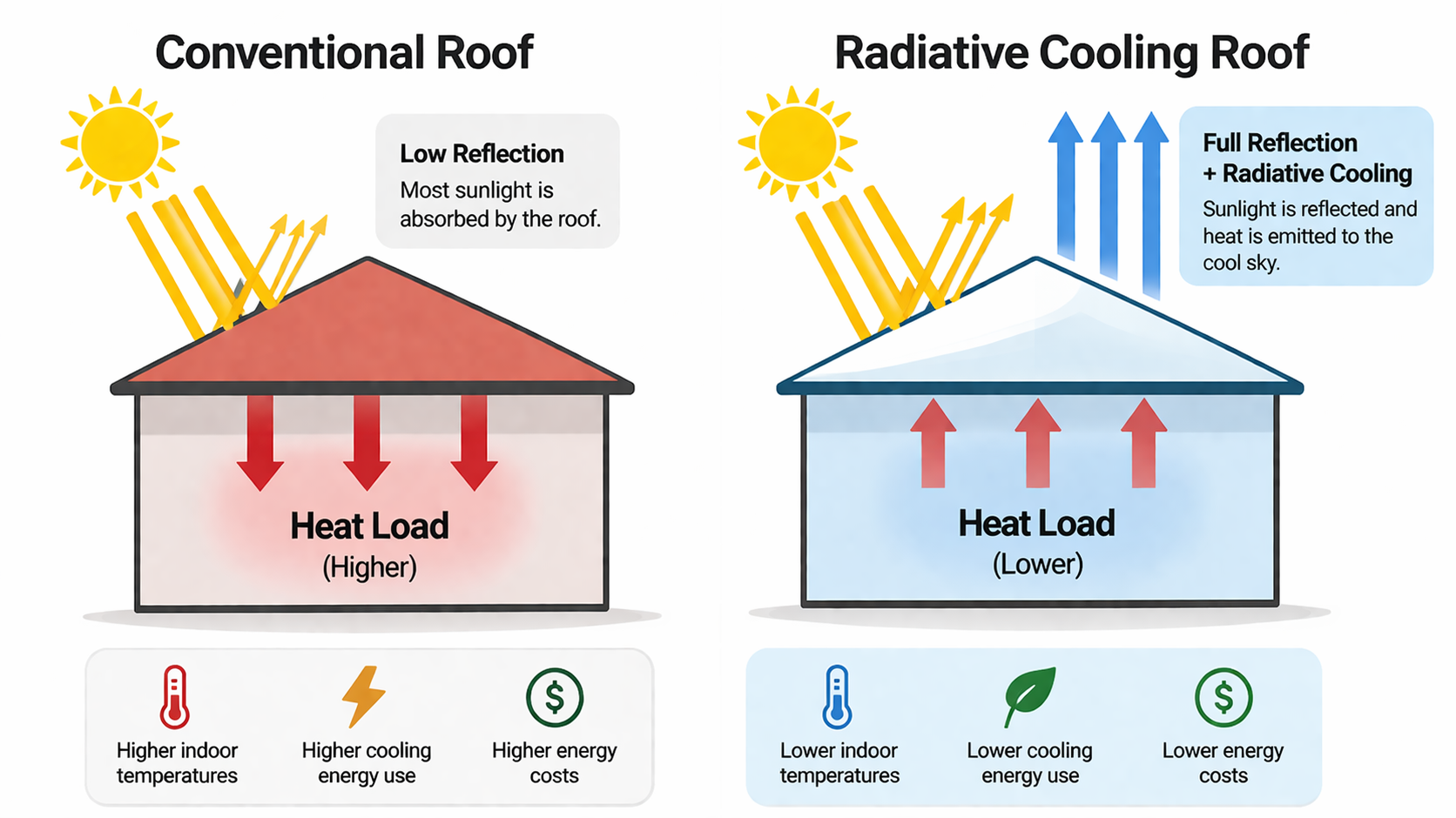 Radiative cooling diagram comparing conventional roof and radiative cooling roof